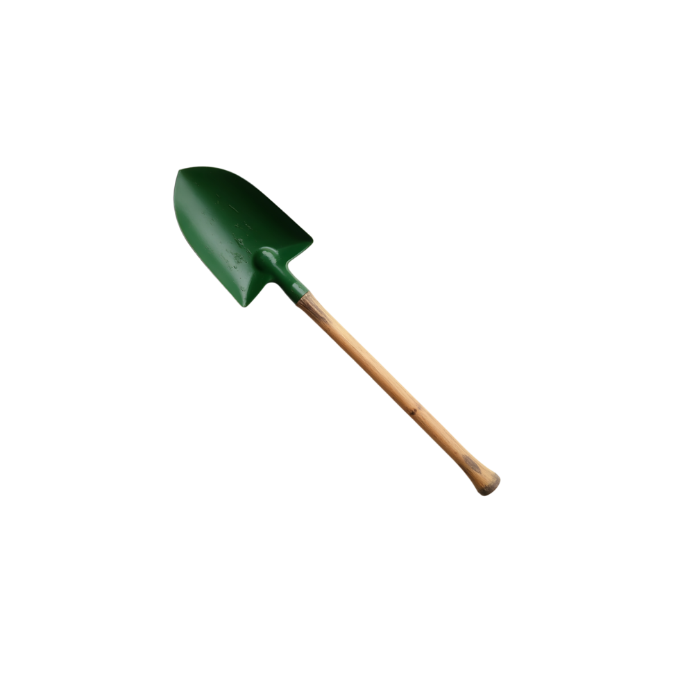 Green gardening trowel with a wooden handle, ideal for planting, digging, and landscaping projects. High-quality image with a transparent background, perfect for digital designs and illustrations png