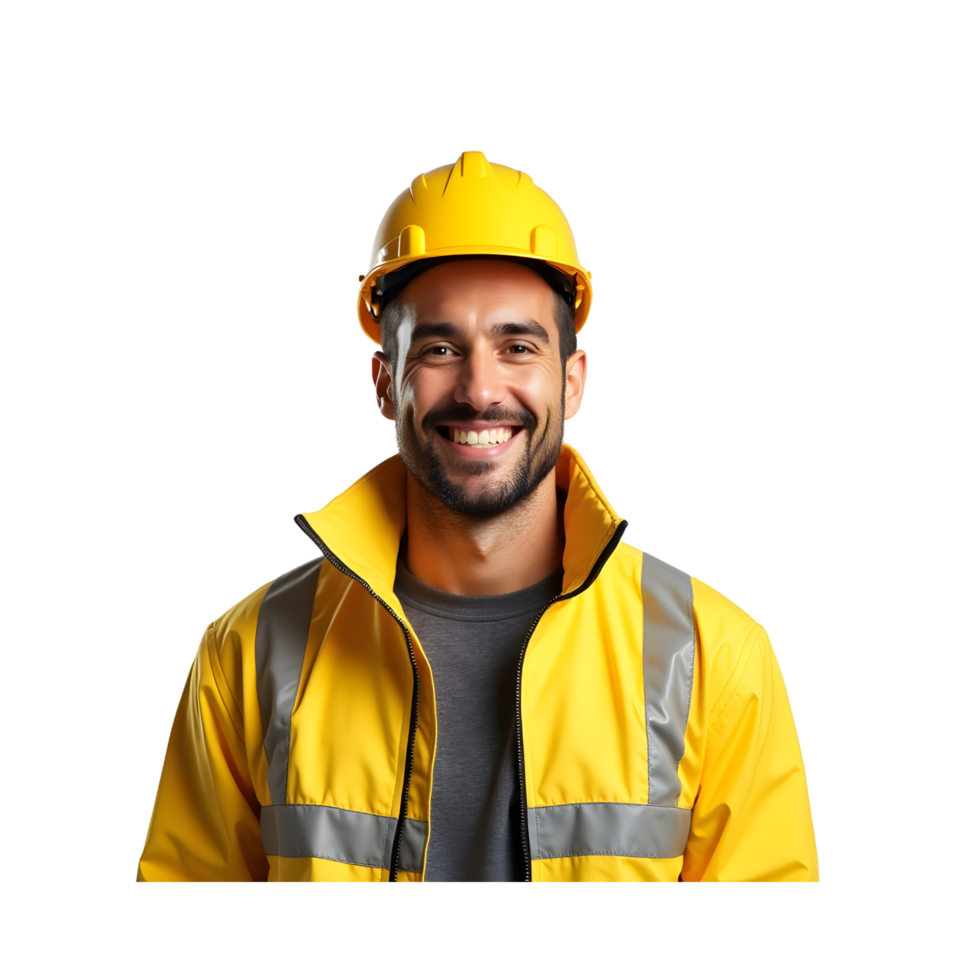 Smiling Construction Worker in Yellow Safety Helmet and Reflective Jacket Isolated on Transparent Background png