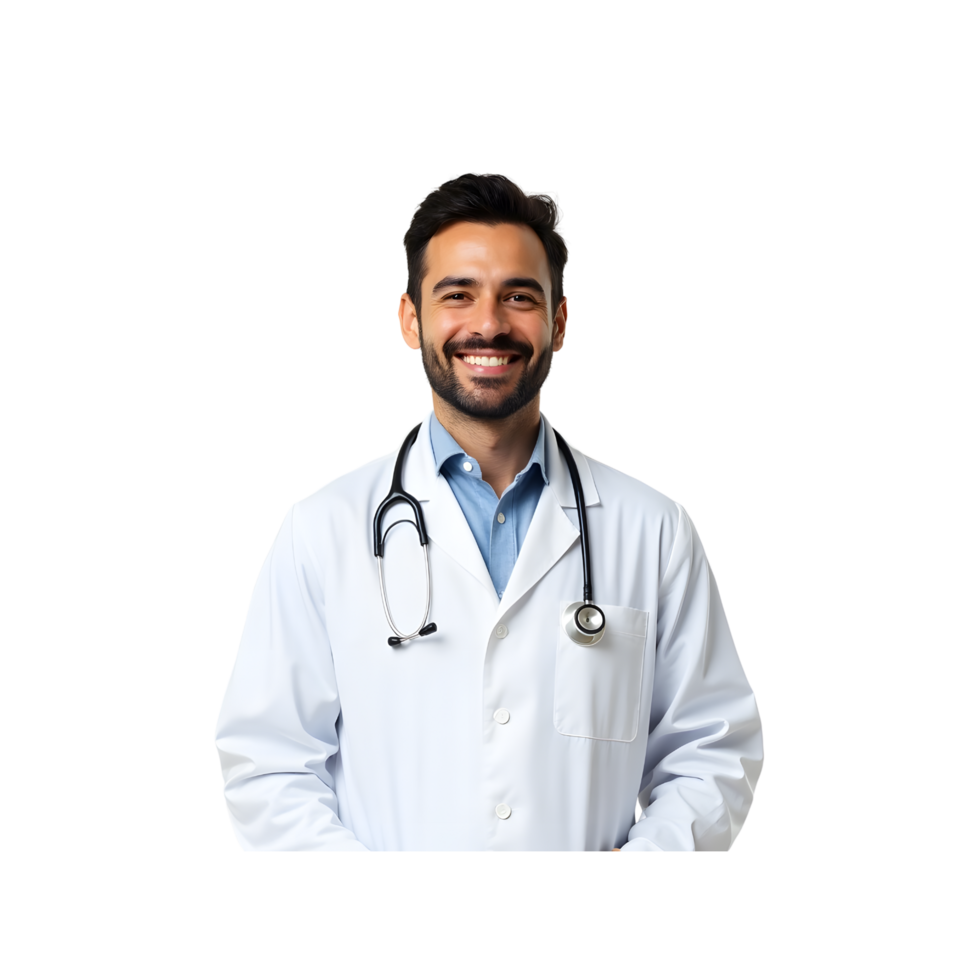Smiling Male Doctor in White Coat with Stethoscope Isolated on Transparent Background png