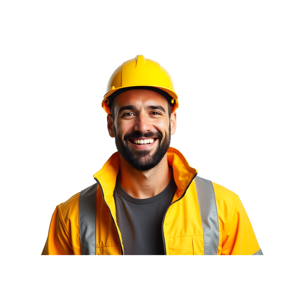Confident Construction Worker in Yellow Safety Helmet and Reflective Jacket Smiling on Transparent Background png