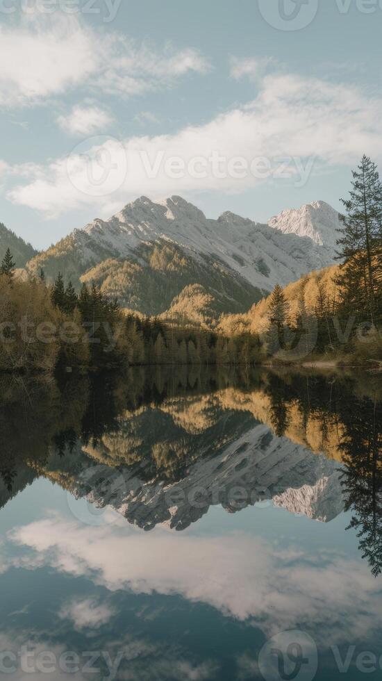 A lake with mountains reflected in it photo