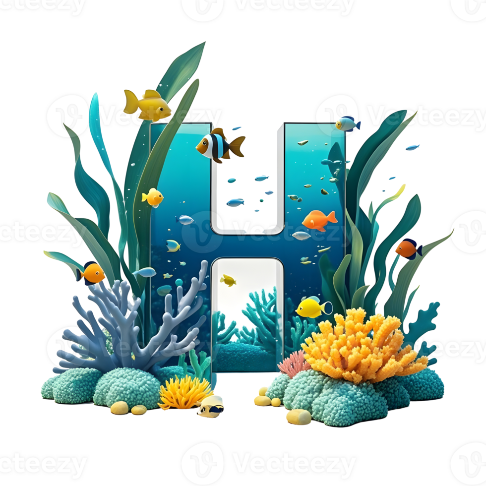 The letter h is surrounded by fish and coral png