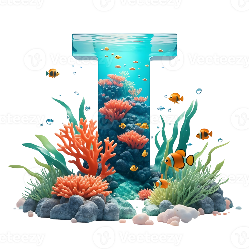 The letter t is surrounded by coral and fish png