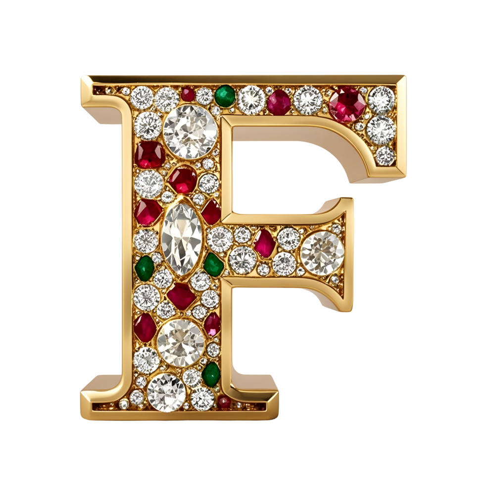 A gold letter f with multicolored stones png