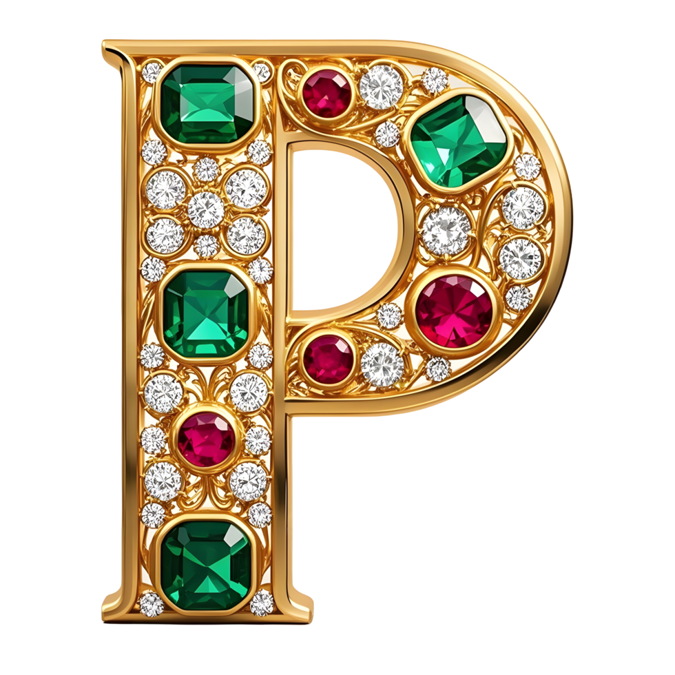A gold letter p with emeralds and diamonds png