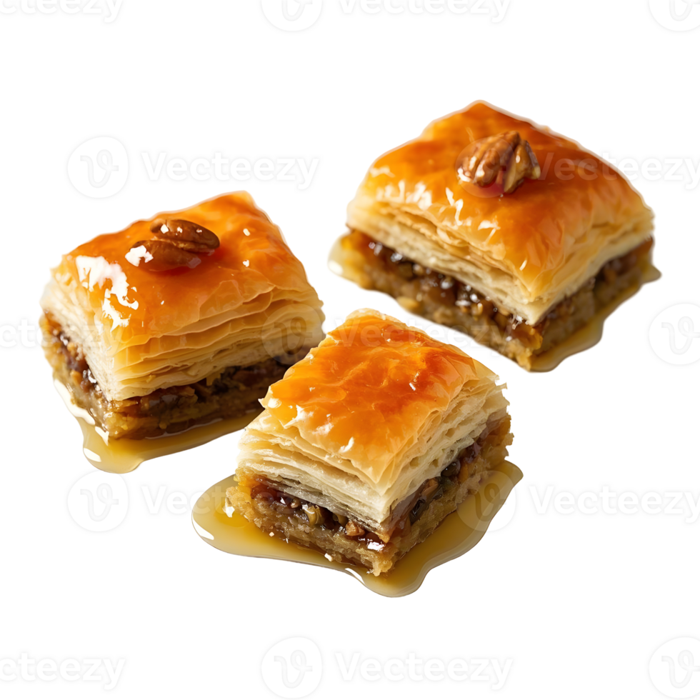 Three pieces of baklava with syrup on top png