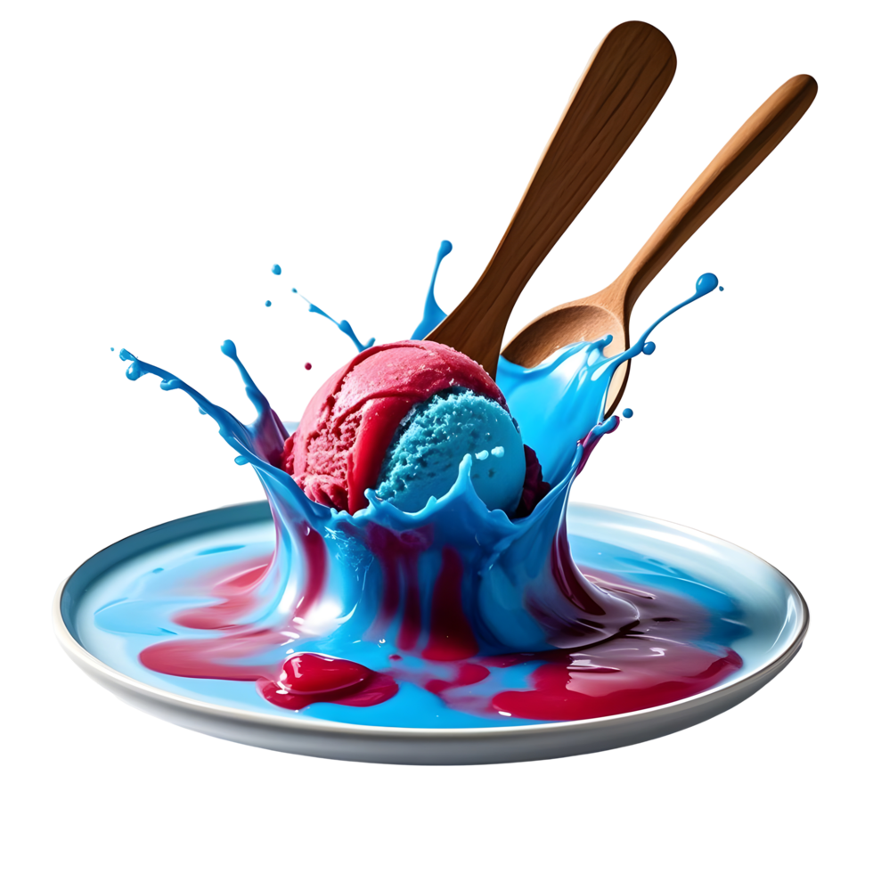 Ice cream splashing on a plate with two wooden spoons png