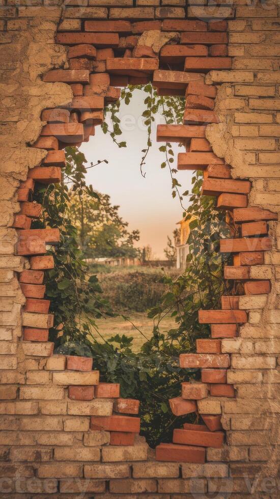 A brick wall with a hole in it and a tree growing out of it photo