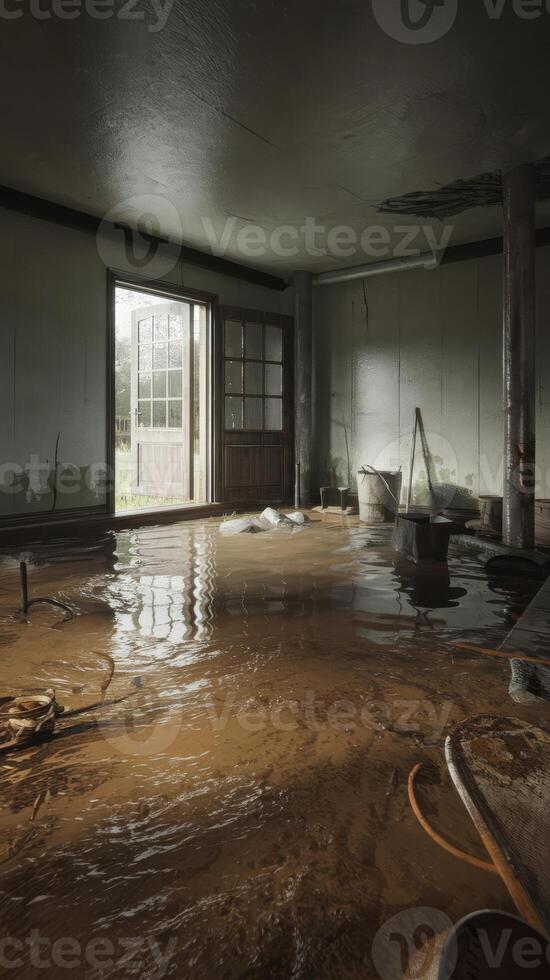 A flooded room with a table and chairs photo