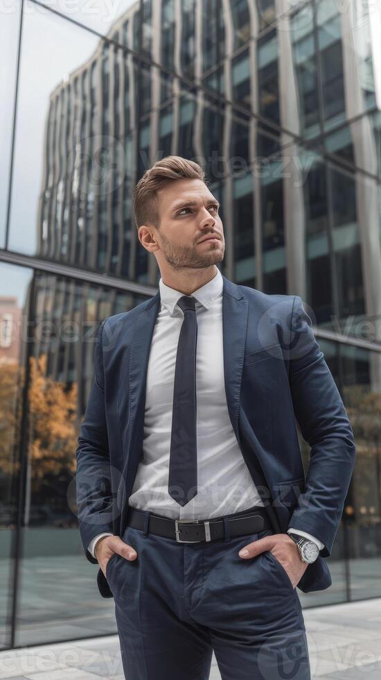 A man in a suit and tie standing in front of a building photo