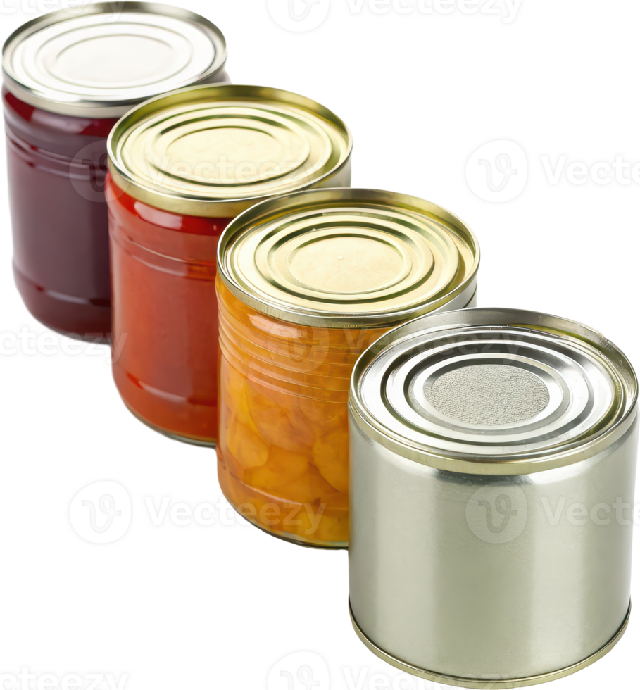 Assortment of Preserved Food Cans in Various Sizes and Colors png