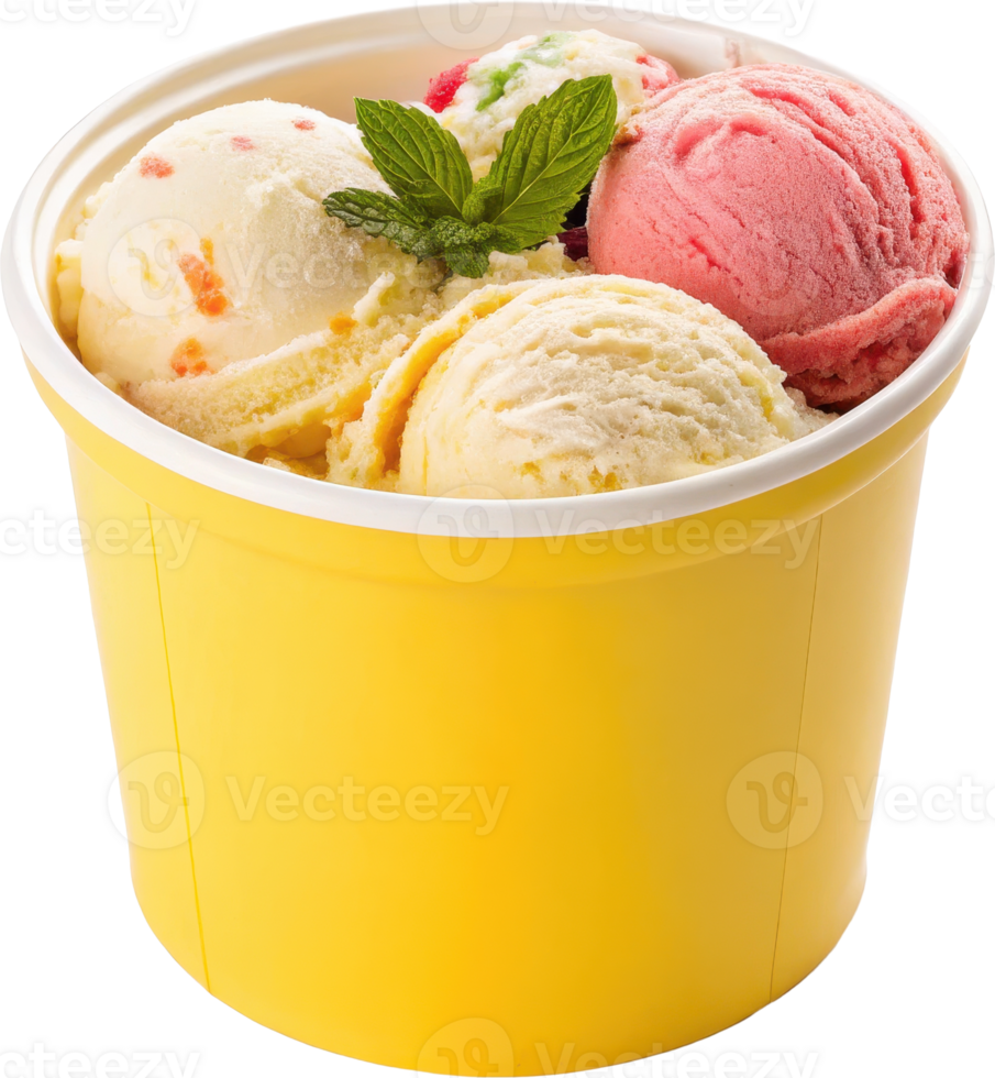 Vibrant Ice Cream Scoops in a Sunny Yellow Container with Mint Garnish png