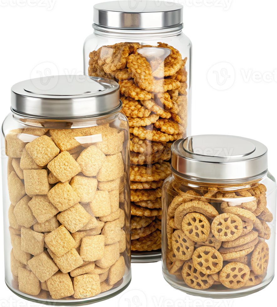 Assortment of Crunchy Snack Jars Neatly Arranged on Kitchen Counter png