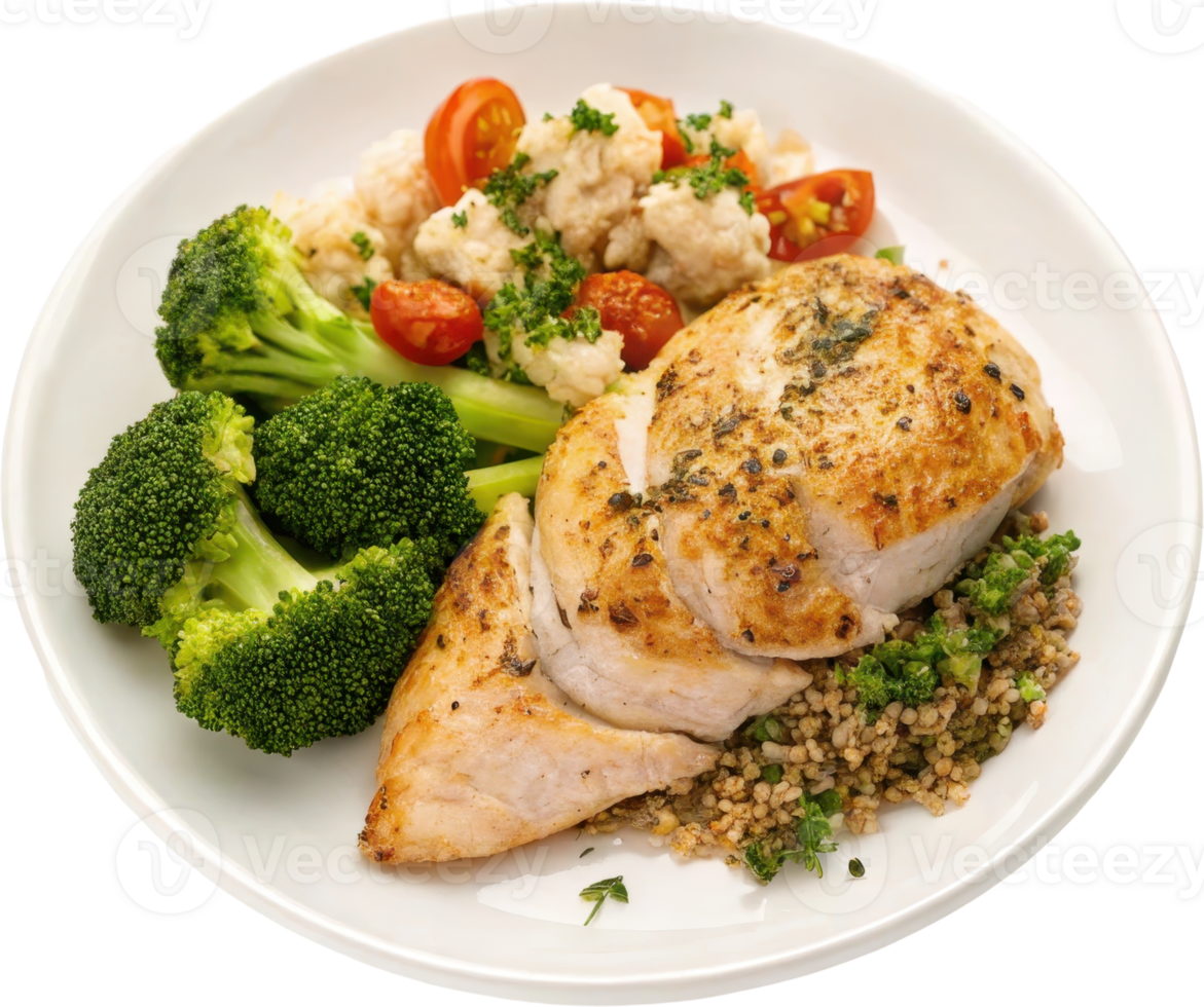 Healthy Low Fat Chicken Meal with Broccoli and Rice on a Plate png