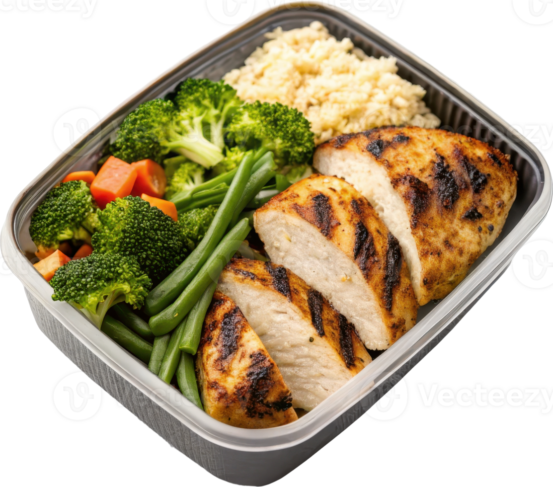 Healthy Grilled Chicken Meal Prep with Broccoli and Rice in Takeout Container png
