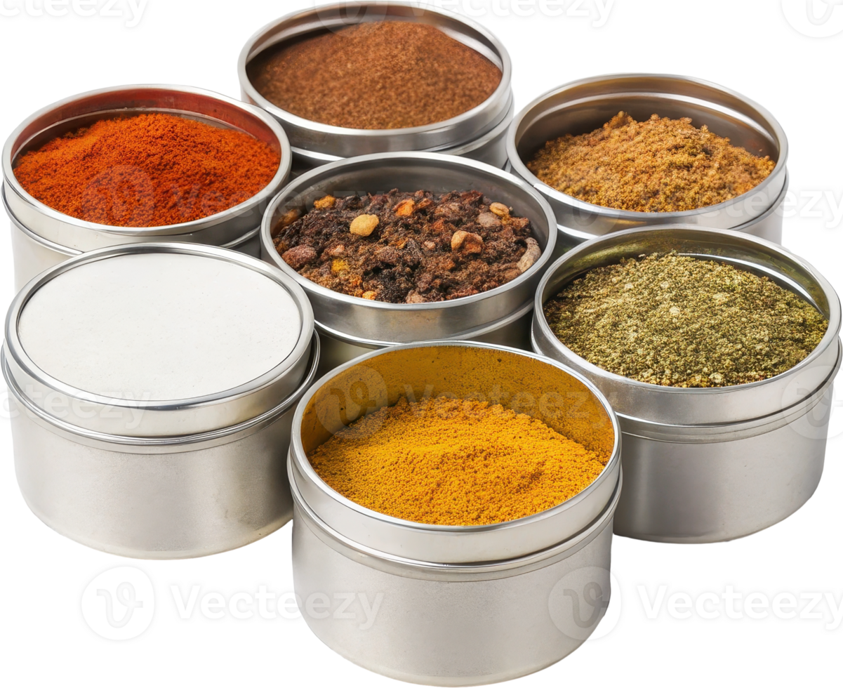 Assortment of Aromatic Spice Tins in a Culinary Arrangement png