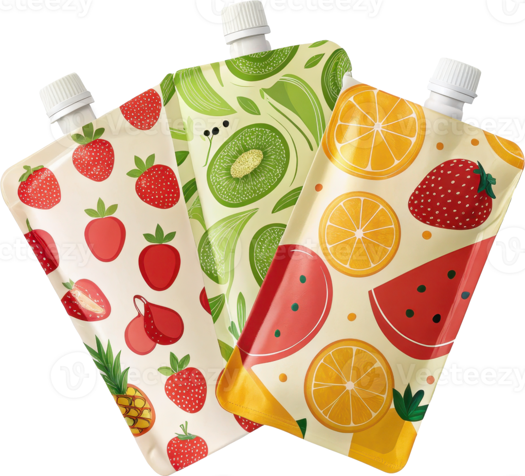 Assortment of Vibrant Juice Pouches Showcasing Diverse Fruits and Flavors for Refreshing png