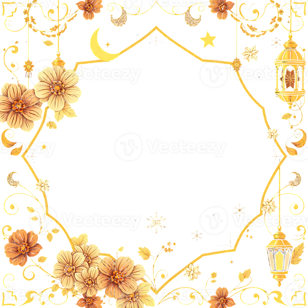 golden frame with flowers and lanterns on transparent background png