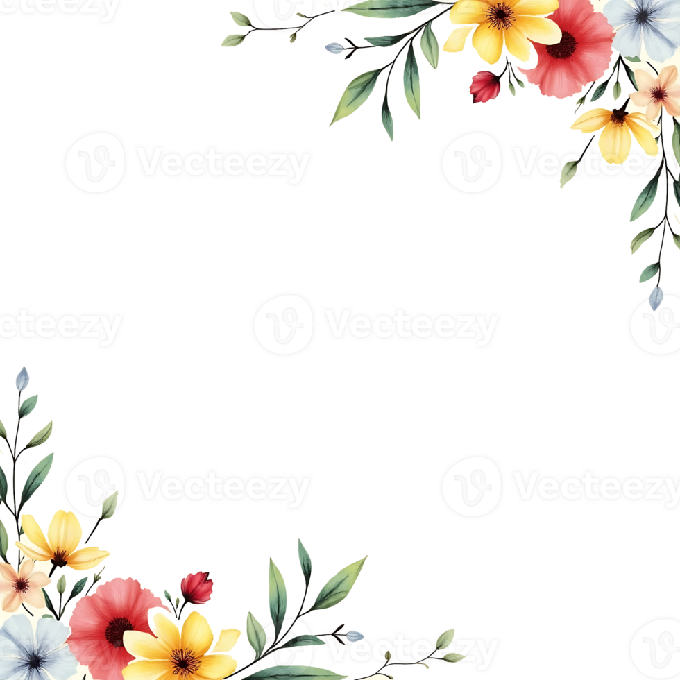 watercolor floral border frame with leaves and flowers on transparent background png