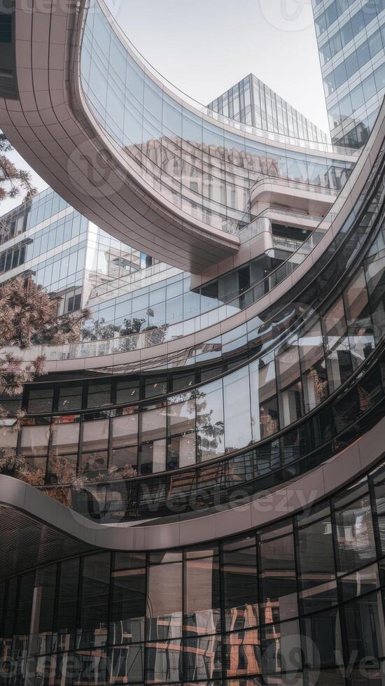 A building with a curved glass facade and a lot of windows photo