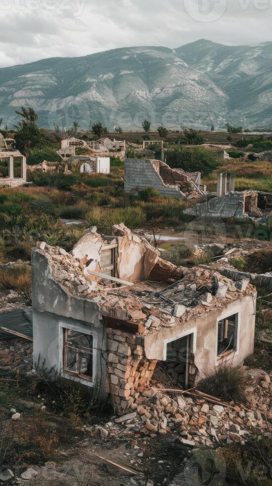 A destroyed house in the middle of a field photo