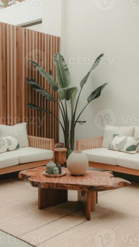 A living room with white couches and a wooden table photo
