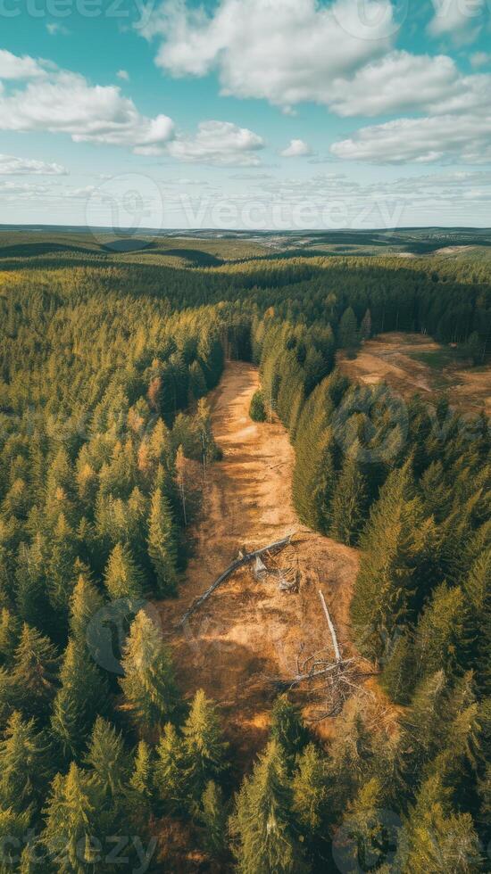 An aerial view of a forest with trees and a road photo
