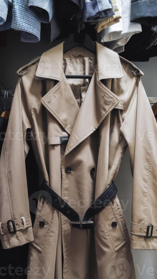 A coat and pants are hanging on a rack photo