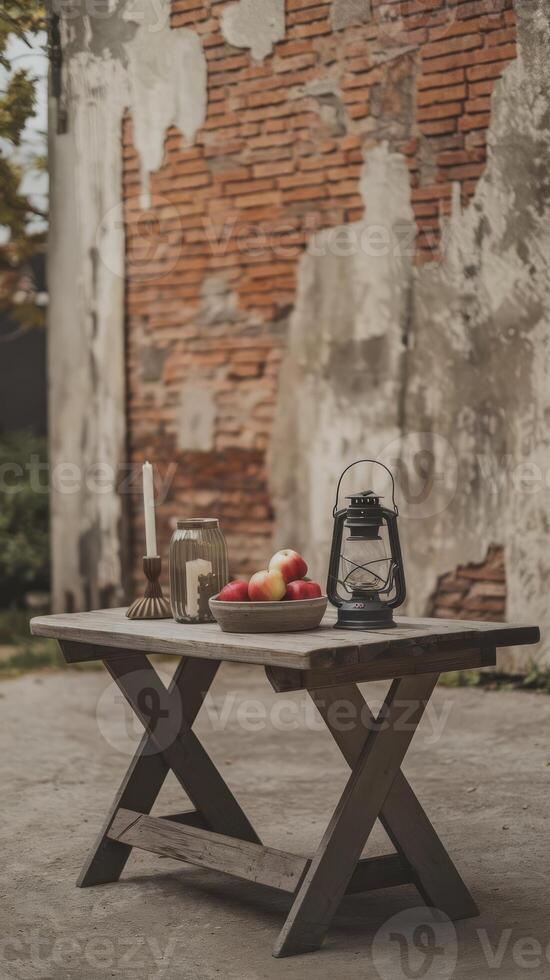 A table with a bowl of apples and a lantern on it photo