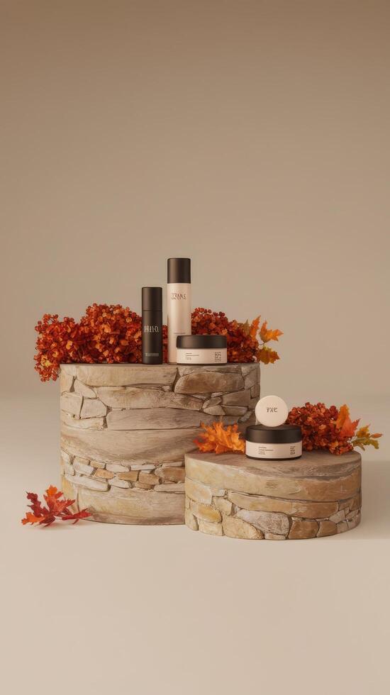 Abstract nature scene composition autumn showcase made of natural stone autumn foliage podium presentation cosmetics on beige background minimalistic branding scene photo