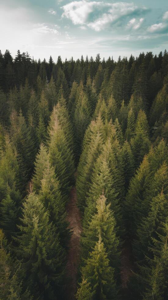 Panoramic view of evergreen pine wood from drone photo