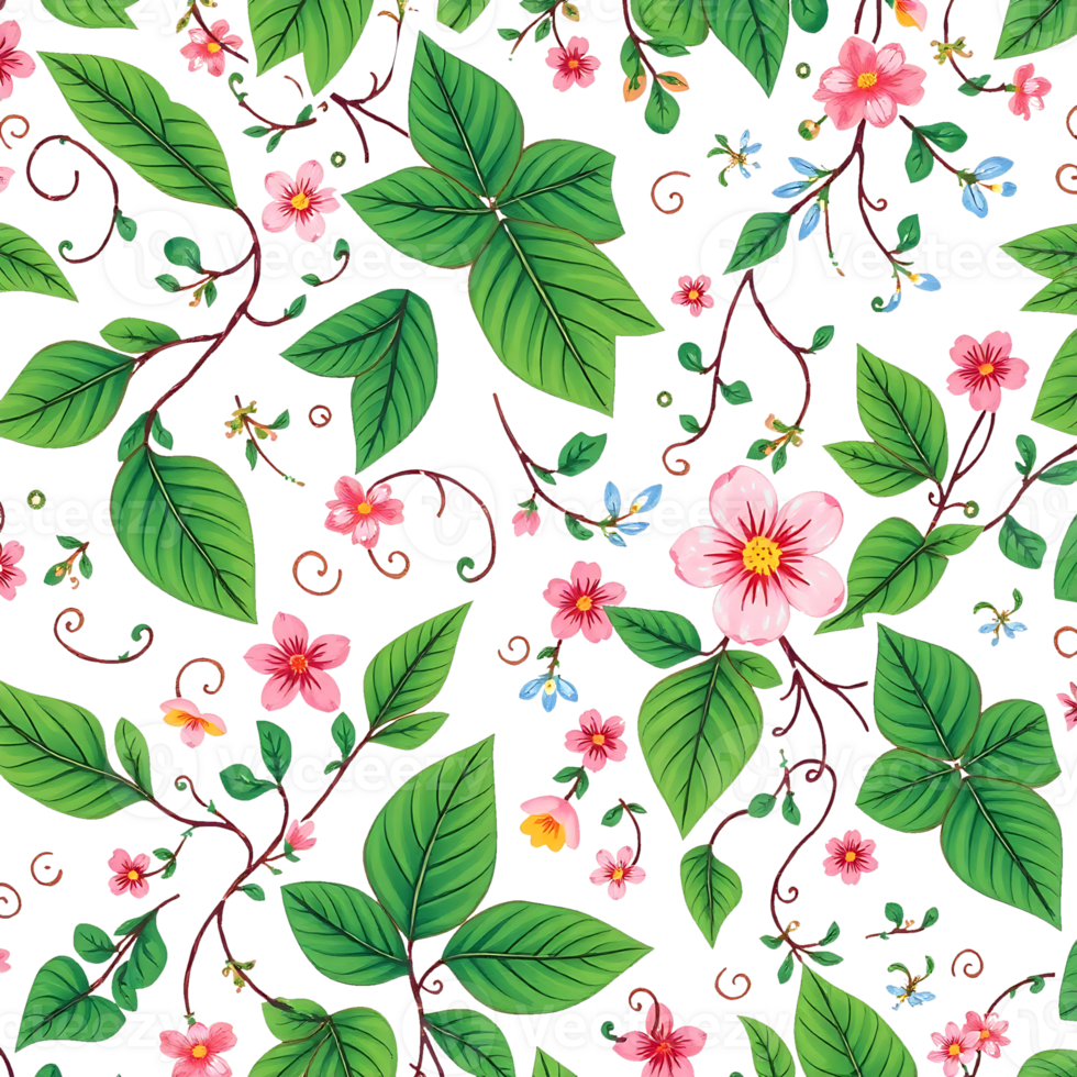 seamless pattern with flowers and leaves on a transparent background png