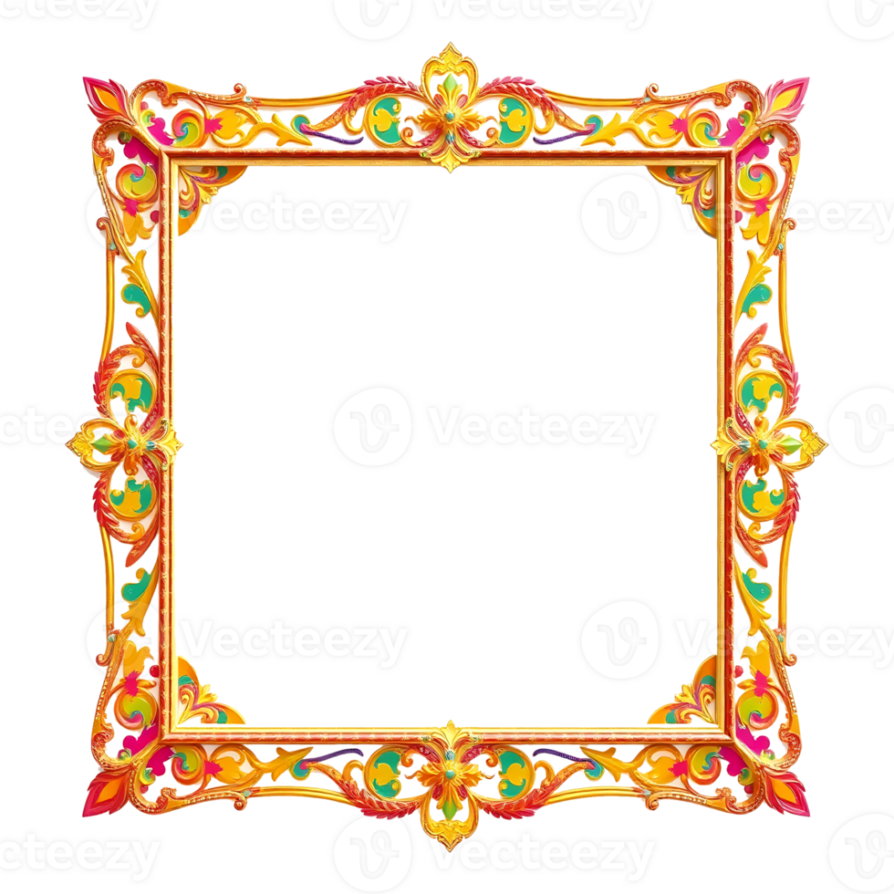 golden frame with colorful flowers and leaves on it png