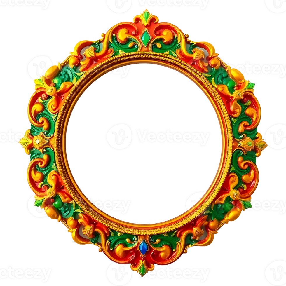 an ornate round frame with a green and red design png