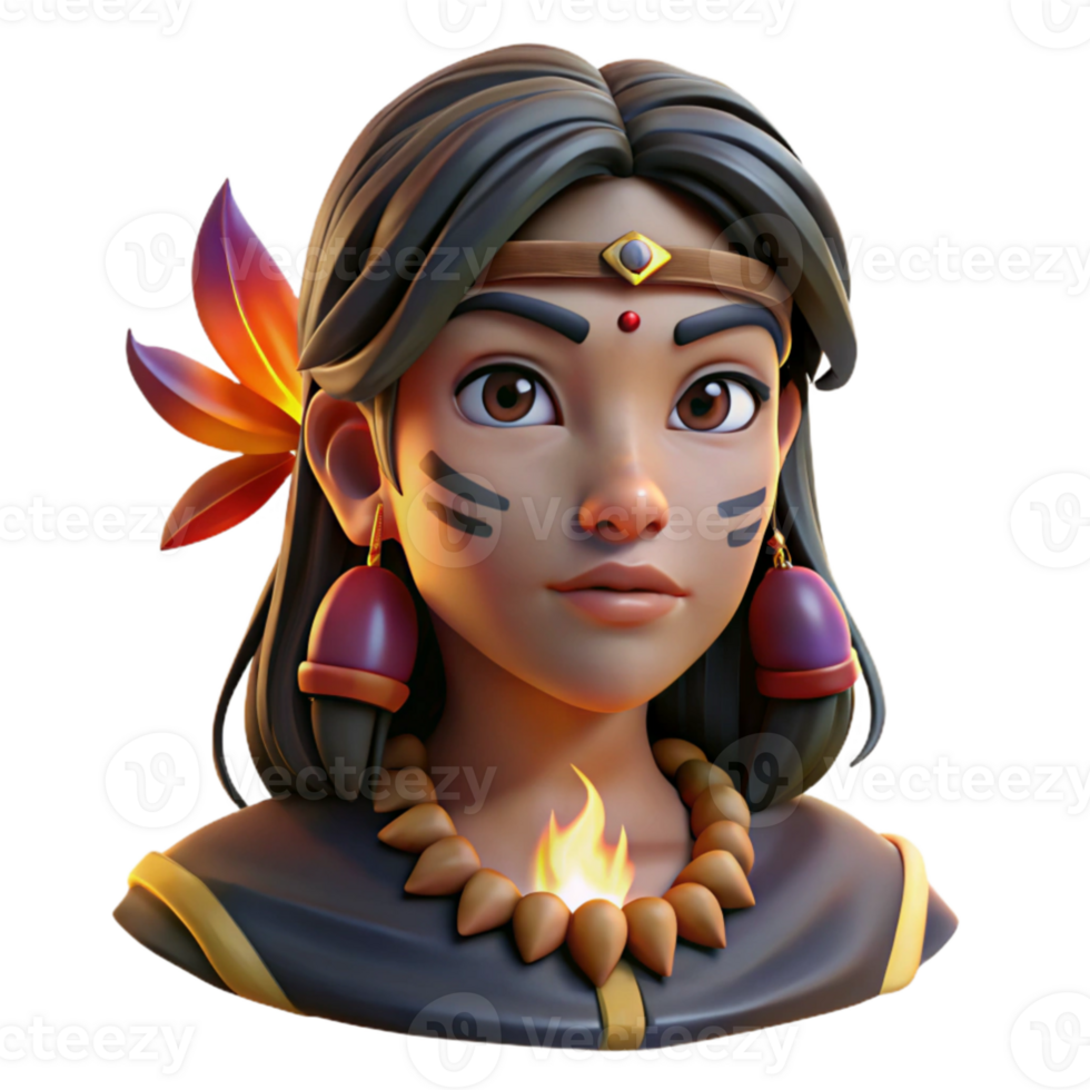 dramatic artistic vibrant classic Portrait of a young indigenous woman with vibrant face paint, adorned with feathers and beads, lit by the warm glow of a campfire, strong chiaroscuro lighting,... png