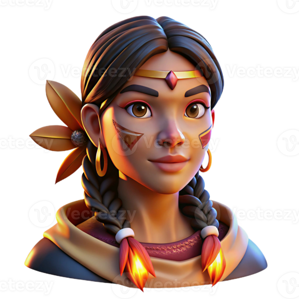 magnificent traditional stunning minimalist Portrait of a young indigenous woman with vibrant face paint, adorned with feathers and beads, lit by the warm glow of a campfire, strong chiaroscuro... png