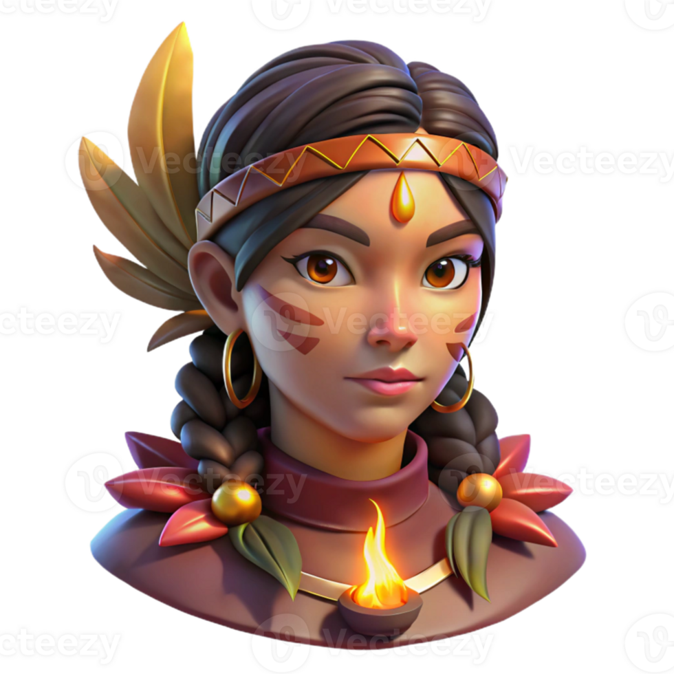 wonderful vintage wonderful modern Portrait of a young indigenous woman with vibrant face paint, adorned with feathers and beads, lit by the warm glow of a campfire, strong chiaroscuro lighting,... png
