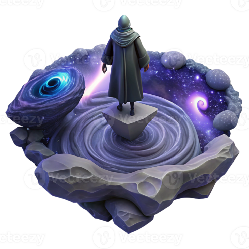 serene contemporary serene classic A lone, cloaked figure standing on a precipice overlooking a swirling vortex of iridescent nebulae, dimly lit by distant stars, melancholic and mysterious,... png