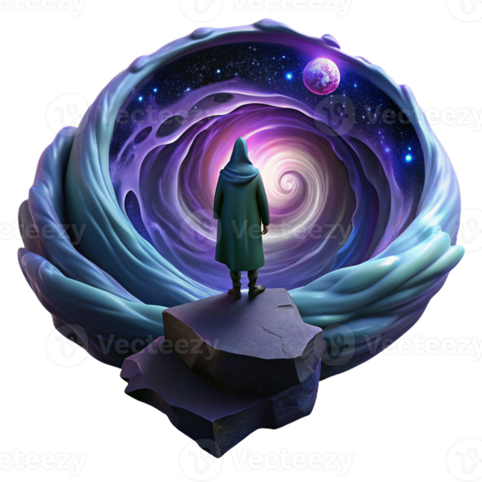 impressive minimalist wonderful minimalist A lone, cloaked figure standing on a precipice overlooking a swirling vortex of iridescent nebulae, dimly lit by distant stars, melancholic and... png