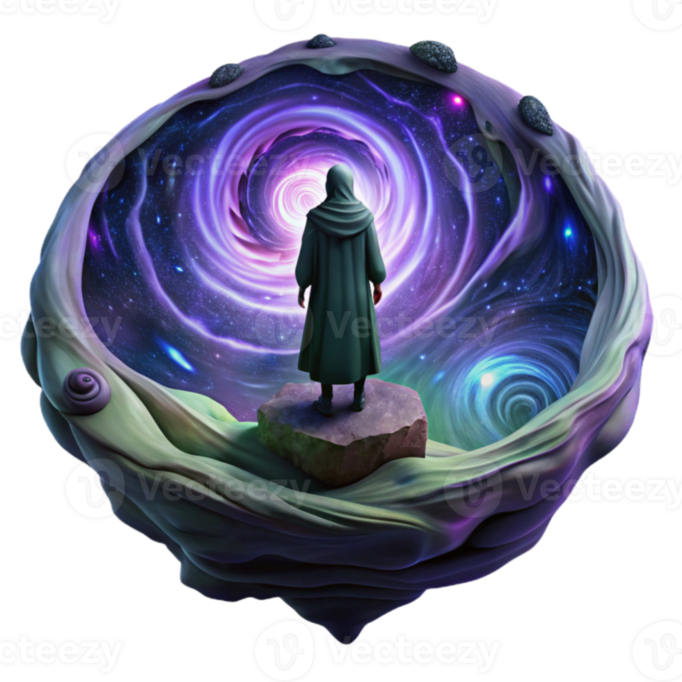 elegant contemporary impressive classic A lone, cloaked figure standing on a precipice overlooking a swirling vortex of iridescent nebulae, dimly lit by distant stars, melancholic and mysterious,... png