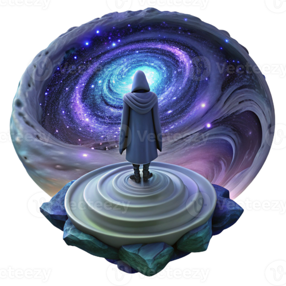 magnificent modern stunning creative A lone, cloaked figure standing on a precipice overlooking a swirling vortex of iridescent nebulae, dimly lit by distant stars, melancholic and mysterious,... png