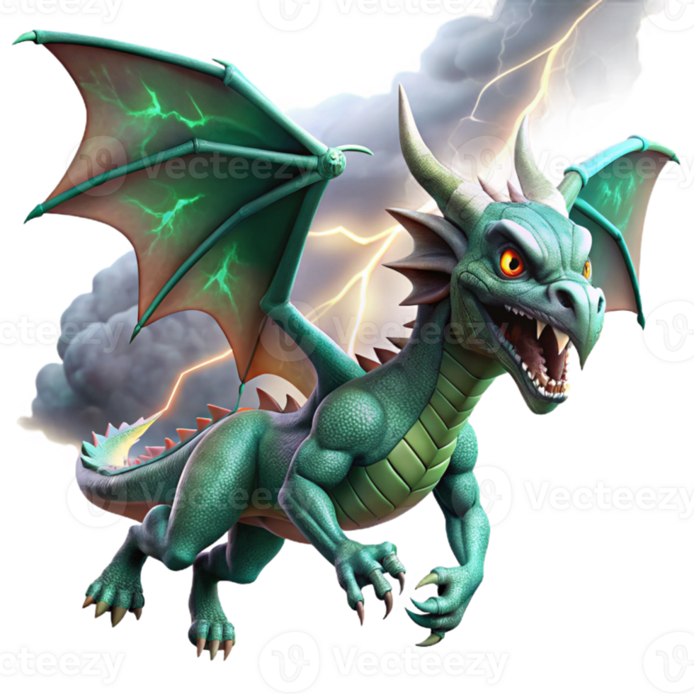 magnificent artistic impressive artistic A fearsome dragon with emerald scales and ruby eyes soaring through a storm-wracked sky, dramatic lighting with flashes of lightning, hyperrealistic style... png