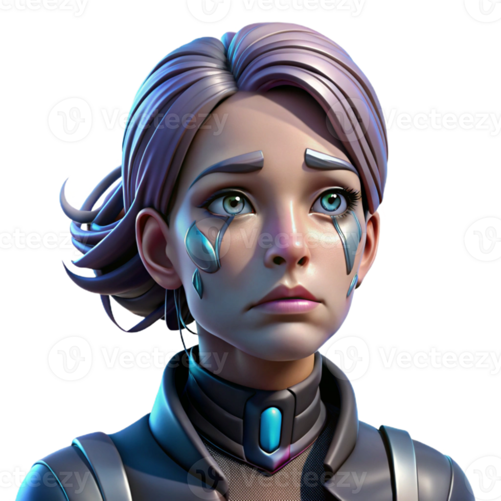 extraordinary artistic dramatic classic Portrait of a melancholic cyborg, half face obscured by shadow, tears of mercury streaking down her cheek, vibrant cyberpunk hues, cinematic lighting,... png