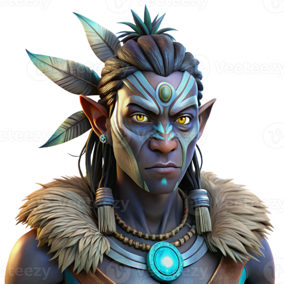 vibrant abstract magnificent contemporary Portrait of a tribal shaman with glowing eyes, intricate face paint, feathers and bone jewelry, dramatic chiaroscuro lighting, painted by Frank Frazetta,... png