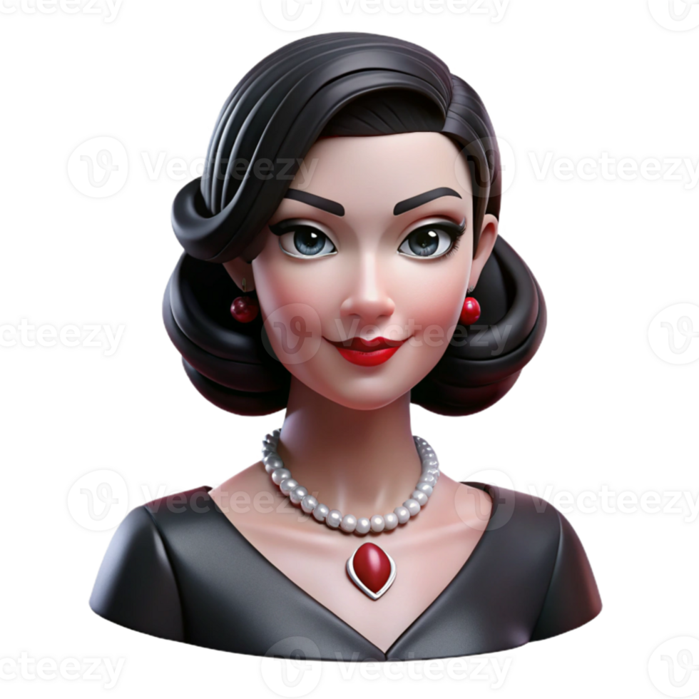 elegant contemporary vibrant traditional Portrait of a glamorous woman with sleek black hair, ruby red lipstick, and a diamond necklace, Hollywood glamour lighting, Art Deco style, detailed... png
