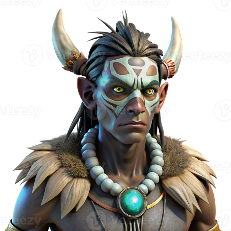 serene artistic serene vintage Portrait of a tribal shaman with glowing eyes, intricate face paint, feathers and bone jewelry, dramatic chiaroscuro lighting, painted by Frank Frazetta, high... png