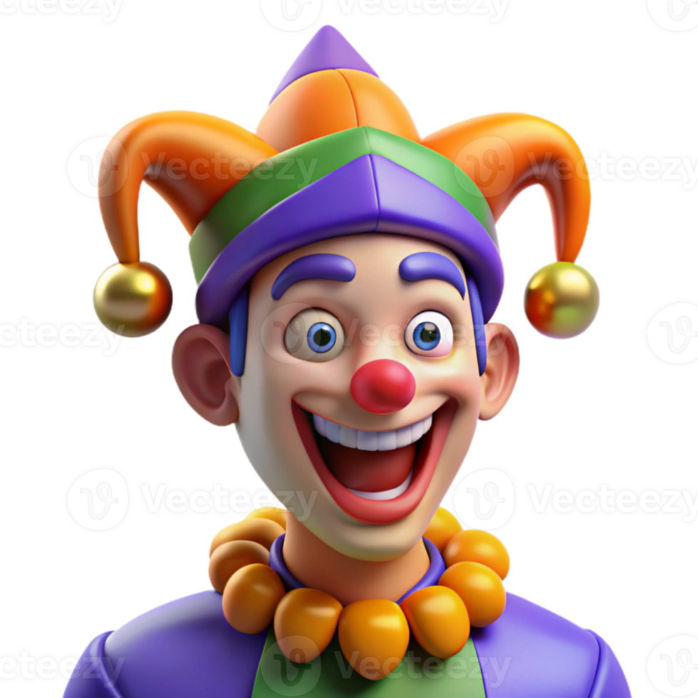 dramatic classic elegant minimalist Portrait of a mischievous jester with colorful makeup, bells, and a mocking smile, dynamic lighting, vibrant comic book style, authentic detailed png