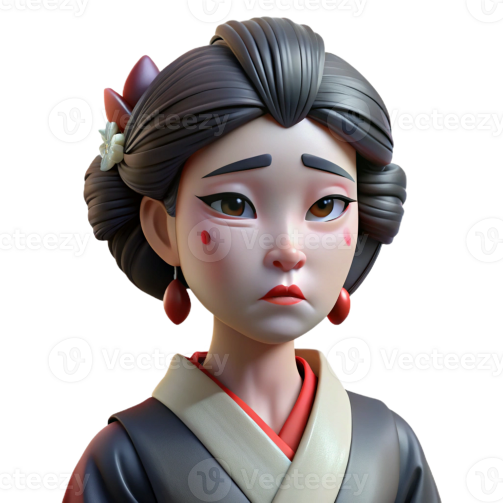 beautiful artistic beautiful modern Portrait of a sorrowful geisha with elaborate makeup, a silk kimono, and a single tear rolling down her cheek, soft and melancholic lighting, Ukiyo-e style,... png