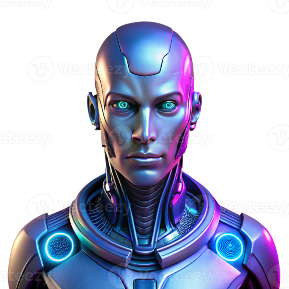 stunning contemporary vibrant rustic Portrait of a futuristic android with glowing circuitry and metallic skin, cool blue and purple lighting, cyberpunk style, highly detailed, premium authentic png