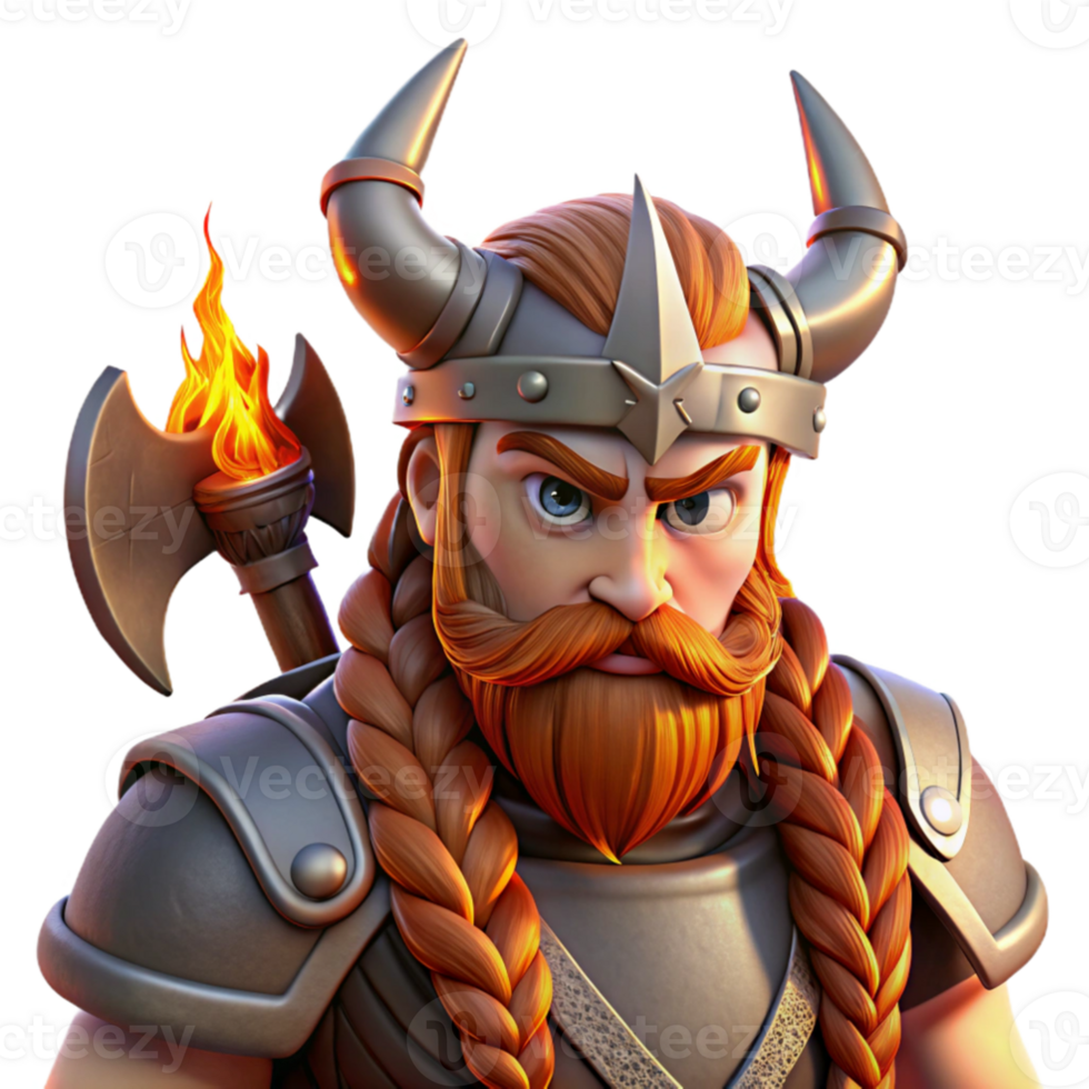 impressive rustic extraordinary contemporary Portrait of a fierce Viking warrior with braided hair, a horned helmet, and a battle axe, dramatic firelight, realistic digital painting, premium original png